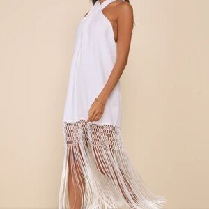 Perfect Sunshine White Linen Fringe Halter Maxi Dress- Lulus NWT